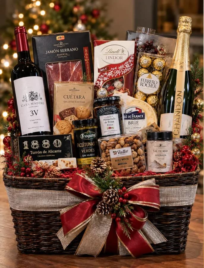 Canasta Festiva: Para brindar en grande. Casa Madero 3V, espumoso Chandon Brut, jamón serrano, queso Brie, chocolates, turrón de Alicante y más delicatessen.