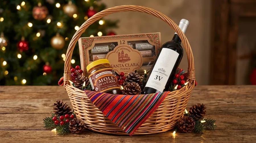 Canasta Poblana: Tradición pura. Vino Casa Madero 3V (a elegir uva), mole almendrado y 12 auténticos camotes de Santa Clara.
